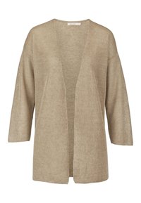 Beige stickad cardigan med öppen framsidan, trekvartsärmar och ribbat mönster. Inga knäppningar eller dekorativa detaljer syns.