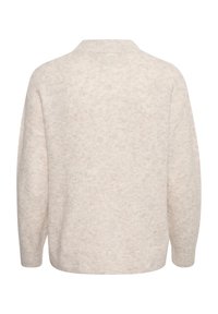Beige langärmeliger Strickpullover mit gerippten Bündchen und Saum, von hinten vor einem weißen Hintergrund gezeigt.