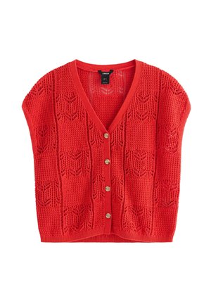 Cardigan corto a manica corta in maglia rossa con scollo a V, davanti con bottoni e motivo traforato a trama lavorata.