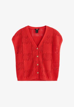 Cardigan corto a manica corta in maglia rossa con scollo a V, davanti con bottoni e motivo traforato a trama lavorata.