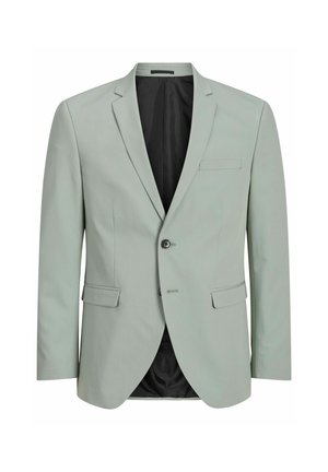 Lichtgroene blazer van glad materiaal, voorzien van een enkele knoop aan de voorkant, twee zijzakken en een slank, fit ontwerp met een zwarte binnenvoering.