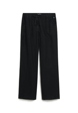 Schwarze weit geschnittene Hosen aus leichtem Stoff, mit einem elastischen Bund und Kordelzug, seitlichen Taschen und minimalen Nahtakzenten.