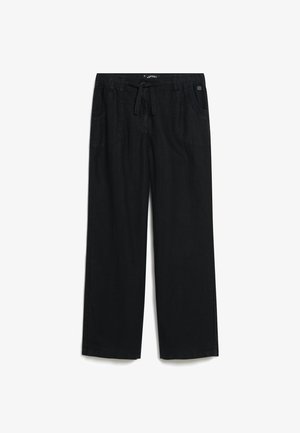 Schwarze weit geschnittene Hosen aus leichtem Stoff, mit einem elastischen Bund und Kordelzug, seitlichen Taschen und minimalen Nahtakzenten.