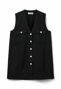 Musthave mustargiga must särk, mis on valmistatud puuvillast, valgete täppidega, kahe eelmisel tasku ja ümarate nuppudega nööbid.
