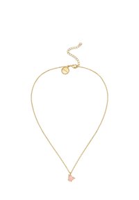 Collana in oro con un ciondolo a forma di cuore in pietra rosa, caratterizzata da una texture delicata e un ganci aggiustabile per variare la lunghezza.