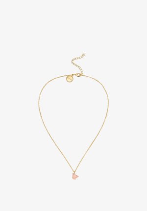 Złoty łańcuszek z naszyjnikiem z sercowym różowym kamieniem wisiorkiem, o delikatnej teksturze i regulowanym zapięciu umożliwiającym zmianę długości.