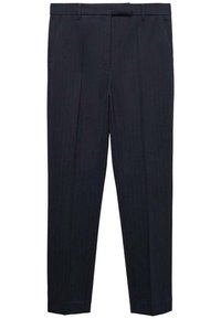 Marineren blauwe, geplooide pantalon met een streeppatroon. Gemaakt van een gladde stof, met riemlussen en een rechte pijp.