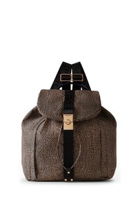 Zaino con cordoncino in tessuto stampato, caratterizzato da un design a pois beige e marrone, con hardware dorato e spallacci neri regolabili.