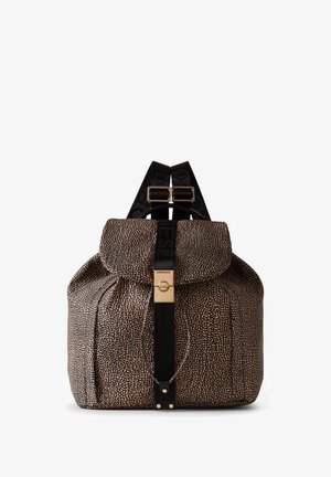 Zaino con cordoncino in tessuto stampato, caratterizzato da un design a pois beige e marrone, con hardware dorato e spallacci neri regolabili.