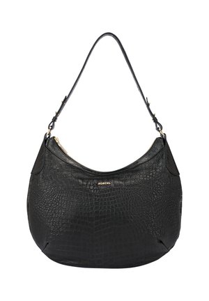 Sac hobo en cuir noir avec une texture crocodile, quincaillerie dorée, une silhouette courbée et une fermeture éclair en haut.