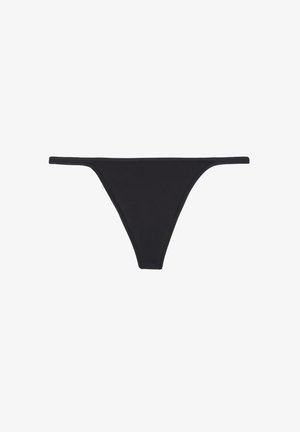 Schwarze Slip-Bikiniunterteile aus glattem Stoff. Minimalistisches Design, dünne Seitenstreifen und nahtlose Verarbeitung.