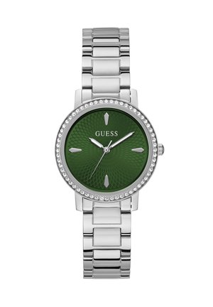 Strieborné kovové náramkové hodinky so zeleným vzorovaným ciferníkom, ozdobným rámom posiatym kryštálmi a striebornými hodinovými značkami a ručičkami, ktoré ukazujú 10:10:36.