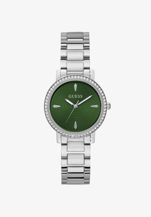 Zilveren metalen polshorloge met een groen patroon op de wijzerplaat, een met kristallen bezette ring, en zilveren uurmarkers en wijzers die 10:10:36 aangeven.