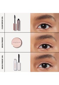 Heldere wenkbrauwgel in een roze tube, Brow Freeze compact in roségoud en Brow Freeze gel in witte verpakking, gecombineerd met close-up beelden van ogen.