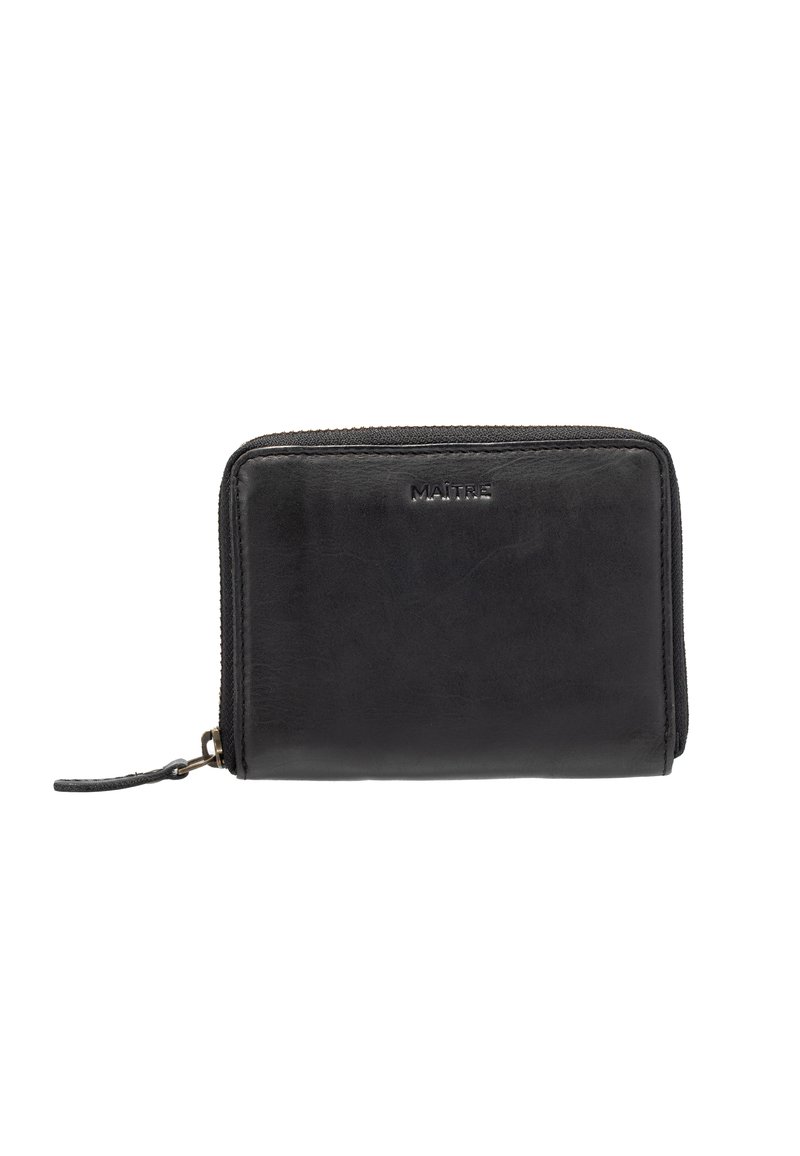 Portafoglio in pelle nera con chiusura a zip, texture liscia e logo impresso. Forma rettangolare compatta con una tracolla superiore per maggiore comodità.