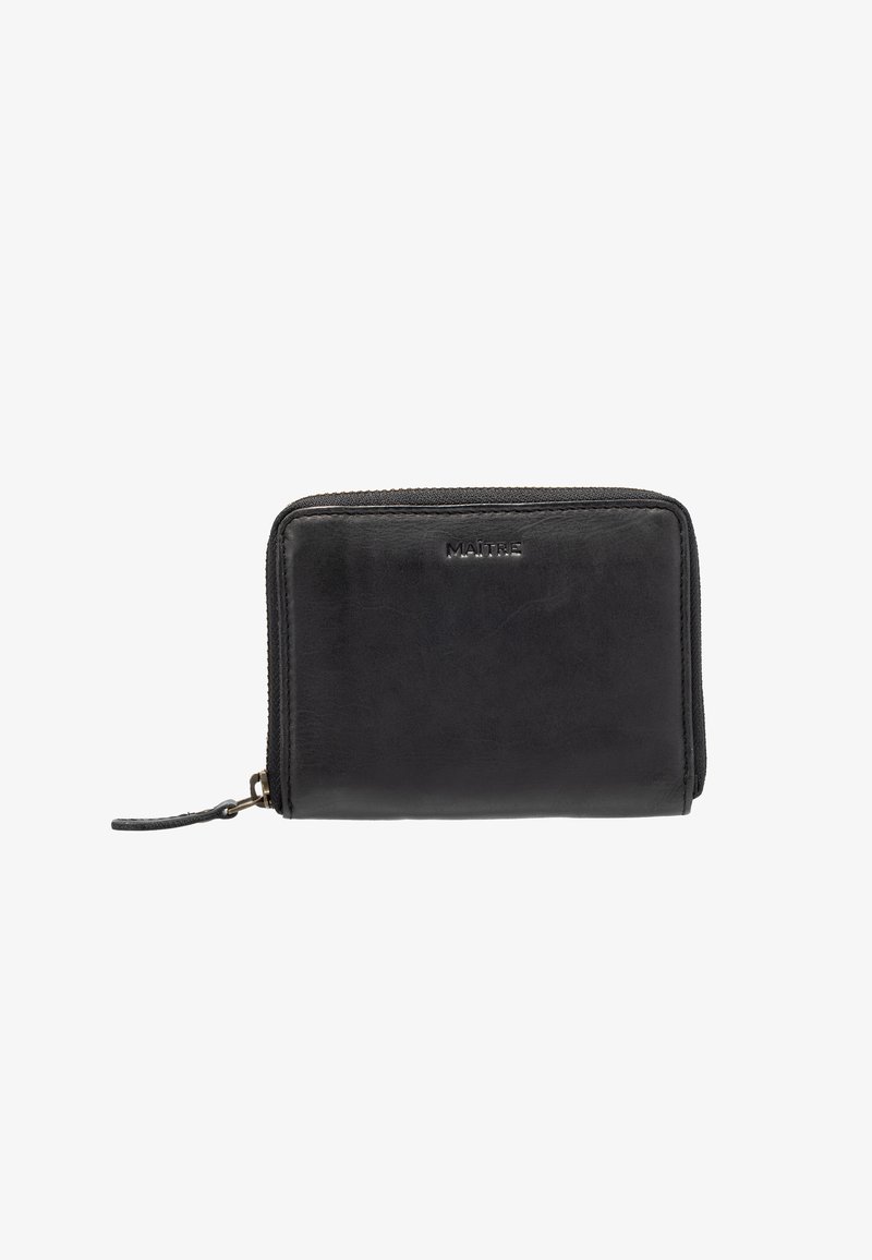 Black leather wallet with a zip closure, smooth texture, and embossed logo. Compact rectangular shape with a top wrist strap for convenience.