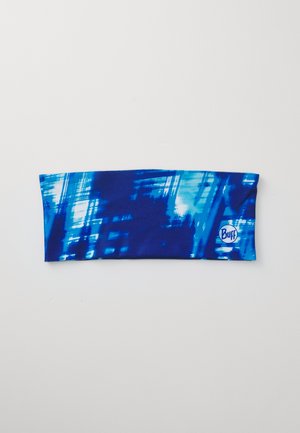 Blue stretchy headband with a vibrant abstract pattern, made of lightweight, flexible fabric; features a circular Buff logo in white.