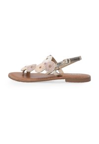 Platte sandalen met een bruine leren zool, metallic zilveren band en decoratieve geborduurde bloemen in wit en roze. Verstelbare gespsluiting.