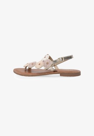 Flache Sandalen mit einer braunen ledersohle, metallic silbernem Riemen und dekorativen, gestickten Blumen in Weiß und Pink. Verstellbare Schnallenverschluss.