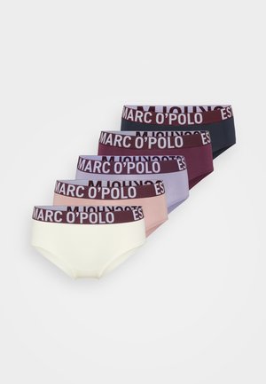 Zes paar damesonderbroeken in verschillende kleuren: wit, roze, lavendel, donkergrijs, bordeaux, met een brede bordeaux merkband.