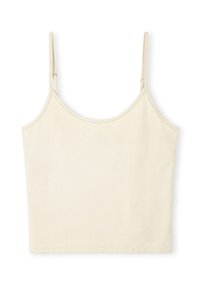 Top corto sin mangas de color crema con tirantes finos, hecho de una tela ligera. Presenta una textura suave y un diseño limpio y sencillo.