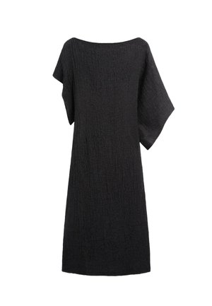 Black textured knee-length dress with wide short sleeves and a boat neckline.