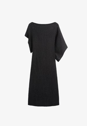 Black textured knee-length dress with wide short sleeves and a boat neckline.