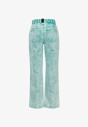 Helle türkisfarbene weite Jeans mit elastischem Bund, zwei Gesäßtaschen und einer verwaschenen Denim-Textur. Gerade geschnitten und im lässigen Design.