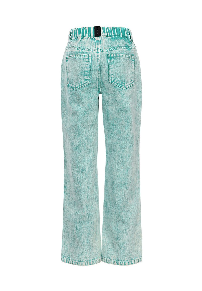 Licht teal wijde jeans met een elastische tailleband, twee achterzakken en een vervaagde denimtextuur. Rechte snit en casual ontwerp.