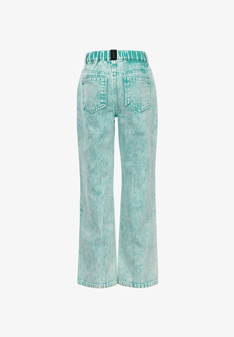 Licht teal wijde jeans met een elastische tailleband, twee achterzakken en een vervaagde denimtextuur. Rechte snit en casual ontwerp.