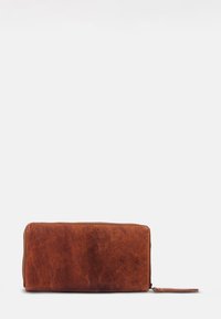 Brown leather wallet with a rectangular shape, smooth texture, and zipper closure. Features a wrist strap for easy carrying.