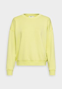 Yellow, lightweight sweatshirt with a round neckline, long sleeves, drop shoulders, and a ribbed hem. Soft material and minimal design.