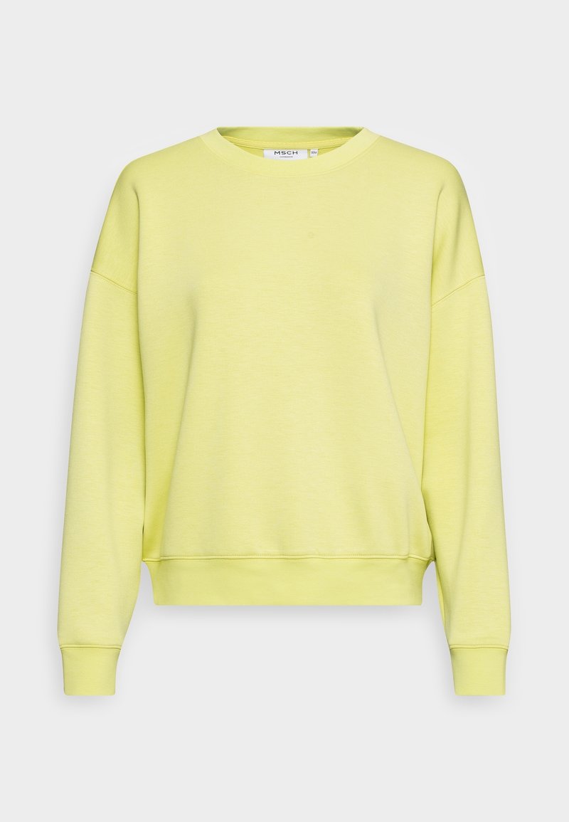 Yellow, lightweight sweatshirt with a round neckline, long sleeves, drop shoulders, and a ribbed hem. Soft material and minimal design.