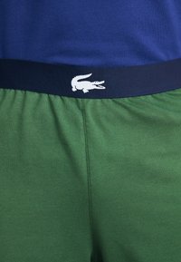Grønne bomullsshorts med et marineblått elastisk midjebånd som har en hvit krokodillelogo. Jevn tekstur og klassisk passform.