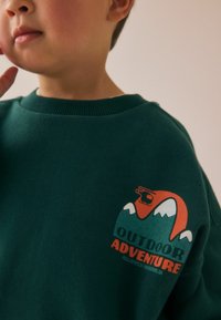 Green cotton sweatshirt featuring a round neck, with a graphic print of mountains and a helicopter. Text reads "OUTDOOR ADVENTURE."