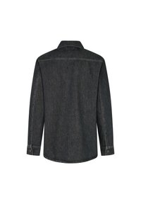 Donkerdenim blouse met lange mouwen, kraag, rechte rugnaad, knopenmanchetten en een gladde textuur. Geen zichtbare patronen of accenten.