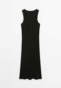 Black ribbed sleeveless dress with a round neckline and a flowing shape. Hemline features a scalloped edge.