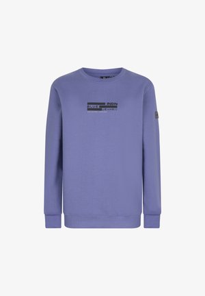 Paars sweatshirt gemaakt van zacht materiaal met een ronde hals. Het heeft een zwart grafisch ontwerp op de voorkant en ribbelboorden.