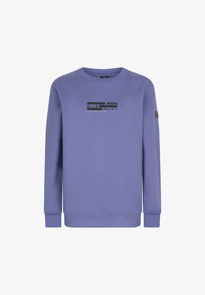 Sweatshirt violet en matériau doux avec un col rond. Il présente un design graphique noir à l'avant et des poignets côtelés.
