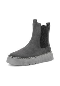 Bottines en suede gris avec des panneaux élastiques sur les côtés, une semelle intermédiaire texturée et une semelle extérieure épaisse à nervures avec des détails de couture.