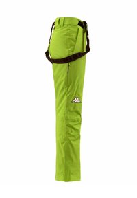 Pantaloni leggeri e verdi realizzati in nylon, con una cintura marrone, tasche laterali e un logo bianco sulla coscia sinistra. Design su misura.