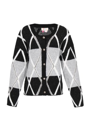 Kardigan mit schwarz-grauem geometrischem Muster, strukturiertem Strick, rundem Ausschnitt, fünf Knöpfen und langen Ärmeln. Weiches Material mit einem flauschigen Finish.