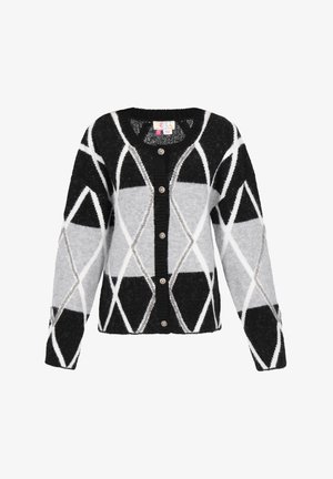 Kardigan mit schwarz-grauem geometrischem Muster, strukturiertem Strick, rundem Ausschnitt, fünf Knöpfen und langen Ärmeln. Weiches Material mit einem flauschigen Finish.