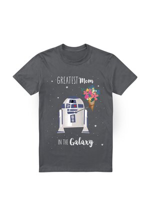 Charcoal t-shirt featuring a cartoon robot holding a bouquet, with text reading "Greatest Mom in the Galaxy" in playful white font.