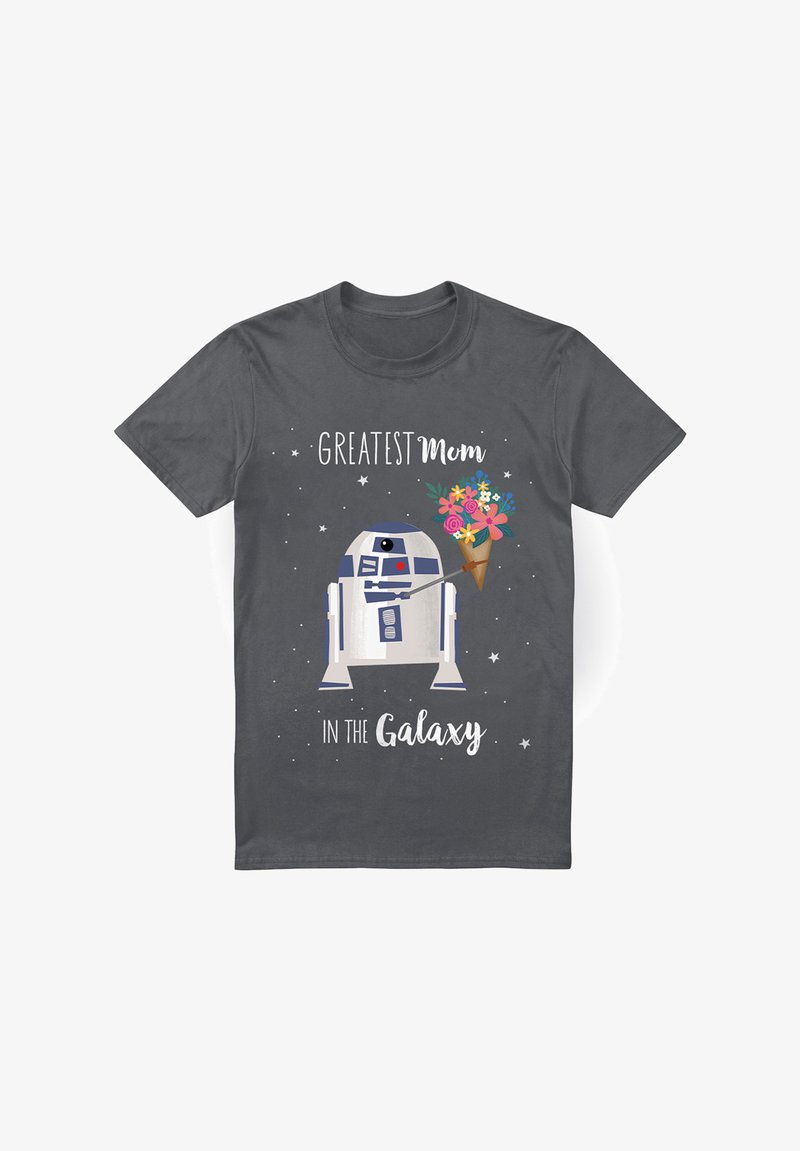 Dunkelgraues T-Shirt mit einem Cartoon-Roboter, der einen Blumenstrauß hält, und dem Text "Beste Mama der Galaxie" in verspielter weißer Schrift.