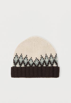 Gorro de malha com um corpo em creme e um padrão geométrico em preto e verde-água, e um punho em canelado castanho-escuro para um ajuste confortável.