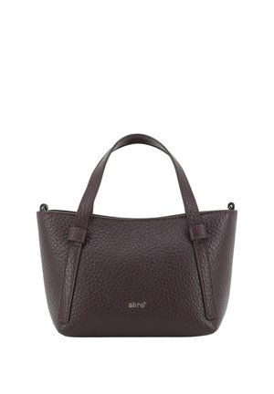Dark purple textured leather handbag with two handles and small gold logo "abro" on the front center.