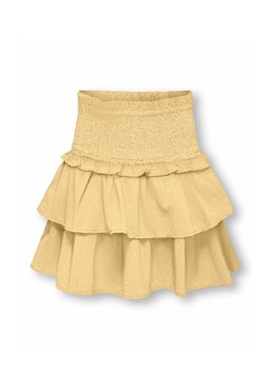 Gele gelaagde minirok met een gerimpelde hoge taille en ruches afwerking, gemaakt van lichtgewicht gestructureerde stof.