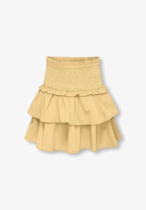 Żółta mini spódnica warstwowa z marszczonym wysokim stanem i falbanką, wykonana z lekkiej tkaniny o fakturze.