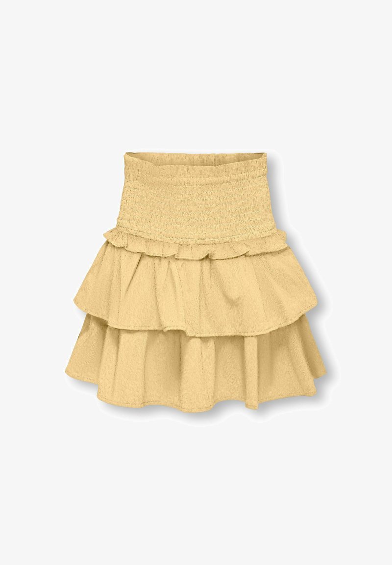 Mini-jupe jaune à étages avec taille haute smockée et bordure à volants, en tissu léger texturé.
